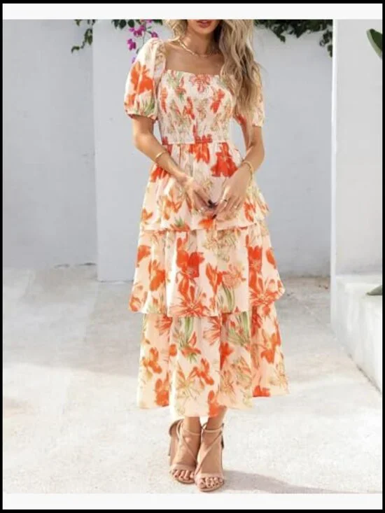 Square Neck Smocked Dress Puff Short Sleeve Floral Maxi Wedding Guest - Picture 6 of 7